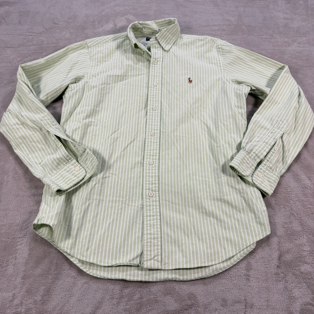 Ralph Lauren Mens Medium Custom Fit Striped Oxford Shirt Green White Long Sleeve
